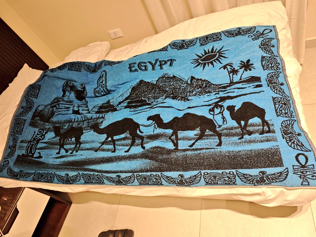 エジプトの絵がデザインされている大判のビーチタオル。お土産に最適。